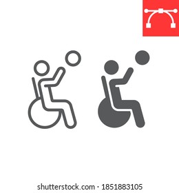 Wheelchair basketball line and glyph icon, disability and sport, disabled man sign vector graphics, editable stroke linear icon, eps 10