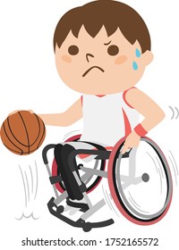 wheelchair basketball player illustration. A young man playing with sweat.