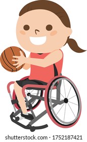 wheelchair basketball player illustration. A young woman playing with a smile.