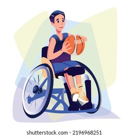 Wheelchair boy child illustration with a ball, sport practitioner. 