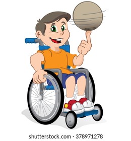 Wheelchair Boy Child Illustration With A Ball, Sport Practitioner. Ideal For Catalogs, Informational And Institutional Material