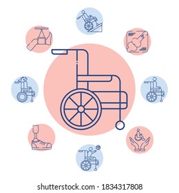 silla de ruedas con conjunto de discapacidades set iconos de ilustración vectorial diseño