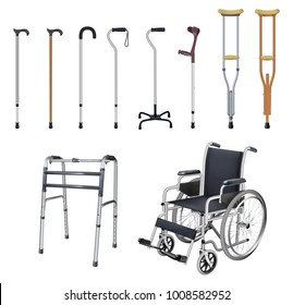 Wheelchair, cane, crutch, walkers. Set of special medical auxiliary means of transportation for people with musculoskeletal system diseases. Realistic objects  white background. Vector illustration.