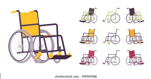 Wheelchair cartoon set in yellow, red, black. Transport chair for disabled, sick, or injured, medical equipment. Vector flat style cartoon illustration, isolated, white background. Different positions