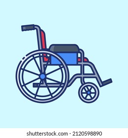 Wheelchair color icon on light blue background. Medical equipment to make life easier for the disabled. Collection of vector icons on the theme of medical tools, drugs and healthcare diagnostics.