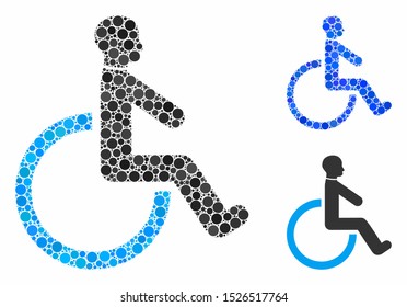 Wheelchair composition for wheelchair icon of round dots in various sizes and color tones. Vector round dots are grouped into blue mosaic. Dotted wheelchair icon in usual and blue versions.
