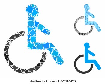 Wheelchair composition of trembly elements in variable sizes and color tones, based on wheelchair icon. Vector trembly parts are organized into composition.