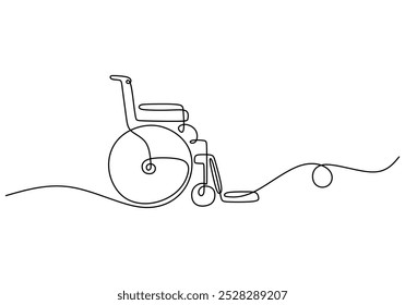 Dibujo de línea continua en silla de ruedas. Concepto de objeto sanitario. Tema de la atención de la discapacidad. Ilustración vectorial minimalista aislada sobre fondo blanco.