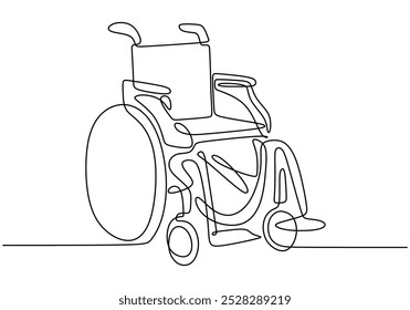 Rollstuhl durchgehende einzeilige Zeichnung. Konzept für Gesundheit und Behinderung. Vektorgrafik minimalistisch einzeln auf weißem Hintergrund.