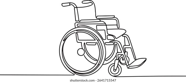 Wheelchair continuous single line drawing in minimalist black and white style with angled design and detailed frame, seat, and wheels

