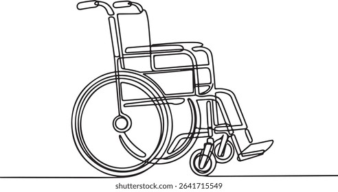 Wheelchair continuous single line drawing in minimalist black and white style with angled design and detailed frame, seat, and wheels

