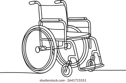 Wheelchair continuous single line drawing in minimalist black and white style with angled design and detailed frame, seat, and wheels

