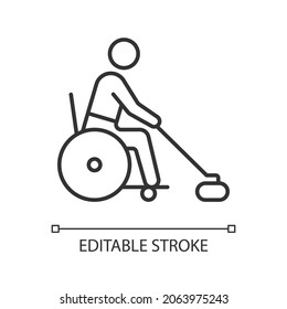 Wheelchair curling linear icon. Adaptive sport. Winter game competition. Athlete with disability. Thin line customizable illustration. Contour symbol. Vector isolated outline drawing. Editable stroke
