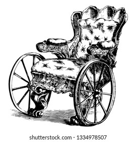 Wheelchair designed for mobility of sick people had 2 large wheels at front and one small wheel at back, vintage line drawing or engraving illustration