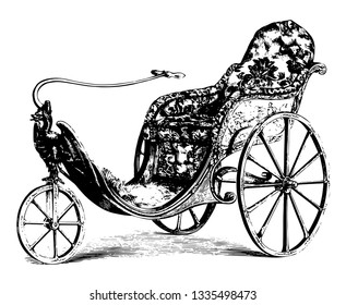 Wheelchair designed with one small wheel in front and two big wheels at back along with maneuvering handle, vintage line drawing or engraving illustration