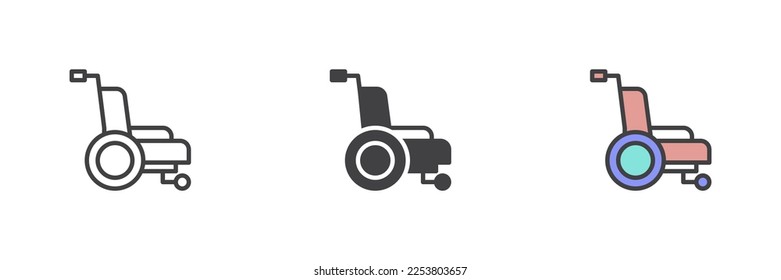 Wheelchair different style icon set. Line, glyph and filled outline colorful version, outline and filled vector sign. Symbol, logo illustration. Vector graphics