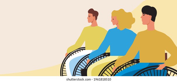 Wheelchair disabled community, copy space template. Flat vector stock illustration. Inclusive people together. Happy disabled people as a template for design. Overlay illustration