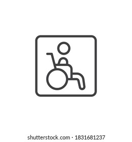 Silla de ruedas, icono de línea desactivado. signo de estilo lineal para concepto móvil y diseño web. Icono de vector de contorno de persona con discapacidad. Símbolo, ilustración del logotipo. Gráficos vectoriales