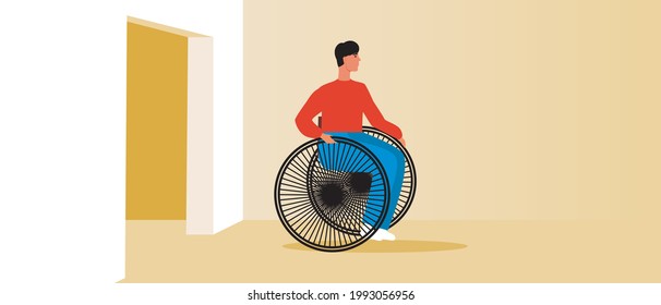 Wheelchair disabled mobility, wide doorway. Flat vector stock illustration. Indoor for an inclusive person. Wheelchair doorway. Entrance to the room. Vector graphics