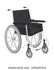 Wheelchair for disabled movement isolated on white. Transport chair item providing mobility to handicapped people. Medical support equipment in case of illness, injury, disability. Vector illustration