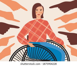 Wheelchair disabled person isolated, index finger. Flat vector stock illustration. Сoncept of condemnation, censure. Social condemnation. Social problem of disability. Inclusive person in society