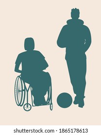 Wheelchair disabled silhouette, friend isolated. Inclusive vector stock illustration. Concept of childhood, inclusiveness, friendship. A disabled play football with a ball. Silhouette illustration