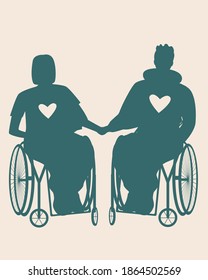 Wheelchair disabled silhouette isolated. Vector stock illustration. Concept of love, nursing home. An old or elderly couple in wheelchairs hold hands. Silhouette illustration