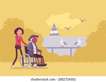 Wheelchair female senior, aged handicapped woman outdoor walking with nurse. Volunteer assisting older adult, social support, care in retirement home, pansionat. Vector flat style cartoon illustration
