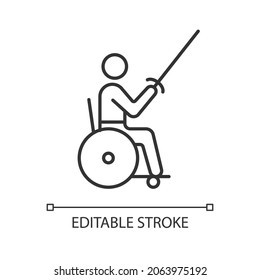 Wheelchair fencing linear icon. Individual competition. Swordfight discipline. Disabled sportsman. Thin line customizable illustration. Contour symbol. Vector isolated outline drawing. Editable stroke