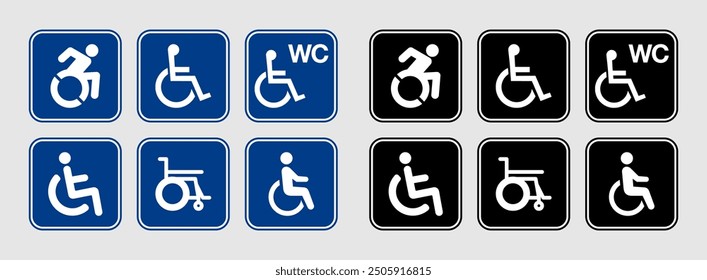 Wheelchair flat icon set on blue and black background. Editable file to print for accessible areas, parking, stickers, printing on fabrics.