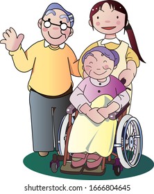Wheelchair Grandmother Accompanying Care Helper: стоковая векторная графика...