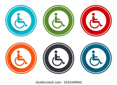 Wheelchair handicap icon flat vector illustration design round buttons collection set of 6 colorful concept frame simple circle isolated on white background for web and applications interface
