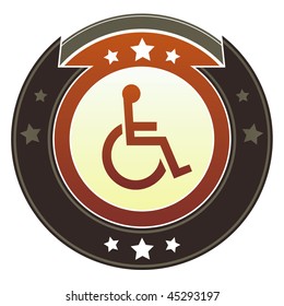 Wheelchair, handicapped, or accessibility icon on round red and brown imperial vector button with star accents