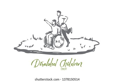 Wheelchair, handicapped, boy, walk concept. Hand drawn isolated vector.