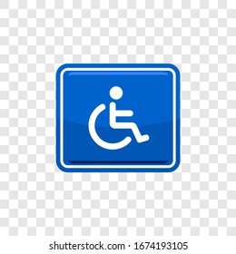 Wheelchair, handicapped parking access sign flat blue vector icon for apps and print illustration isolated on transparent background