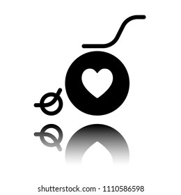 wheelchair and heart, outline icon. Black icon with mirror reflection on white background