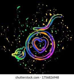 wheelchair and heart, outline icon. Colored ink with splashes on black background