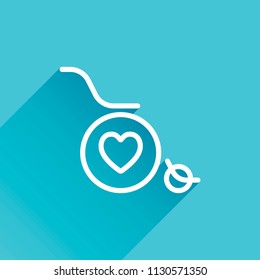 wheelchair and heart, outline icon. Gray icon with long shadow in bottom left corner on blue background