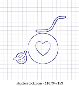 wheelchair and heart, outline icon. Hand drawn picture on paper sheet. Blue ink, outline sketch style. Doodle on checkered background