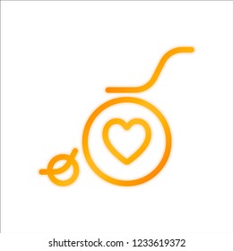 wheelchair and heart, outline icon. Orange sign with low light on white background