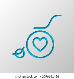 wheelchair and heart, outline icon. Paper design. Cutted symbol with shadow