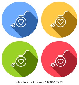 wheelchair and heart, outline icon. Set of white icons with long shadow on blue, orange, green and red colored circles. Sticker style