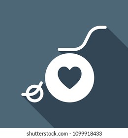 wheelchair and heart, outline icon. White flat icon with long shadow on background