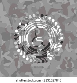 wheelchair icon on grey camouflage pattern. 