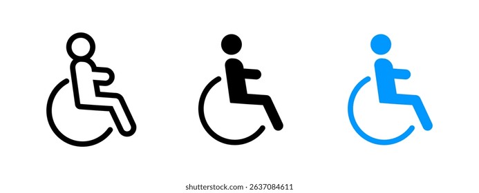 Wheelchair icon. Person seated in accessibility chair vector illustration. Symbol for inclusive facilities and parking access. Mobility and support services sign. Disability pictogram.