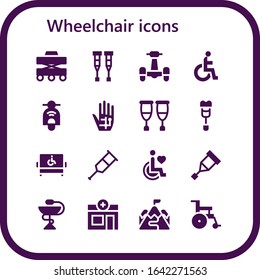 wheelchair icon set. 16 filled wheelchair icons. Included Walker, Crutches, Scooter, Disability, Radiography, Crutch, Disabled, Pharmacy, Ramp, Wheelchair icons