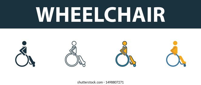 Wheelchair icon set. Four elements in diferent styles from medicine icons collection. Creative wheelchair icons filled, outline, colored and flat symbols.