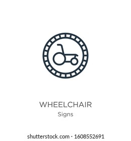 Wheelchair icon. Thin linear wheelchair outline icon isolated on white background from signs collection. Line vector sign, symbol for web and mobile