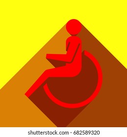 Wheelchair icon. Vector. Red icon with two flat reddish shadows on yellow background.