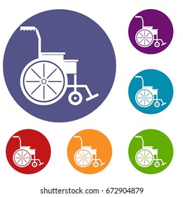 Wheelchair icons set in flat circle red, blue and green color for web